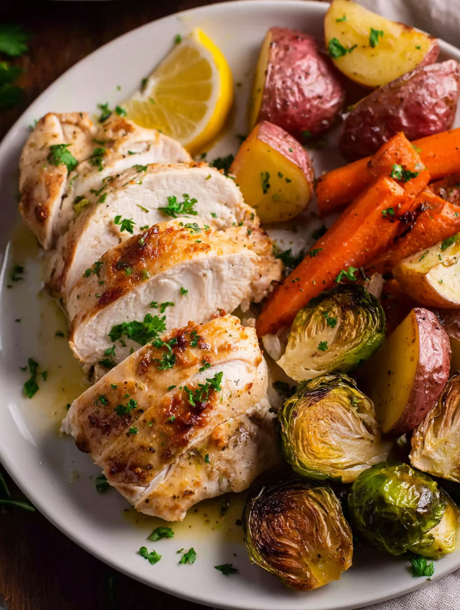 A plate of food with chicken, potatoes, and lemon.