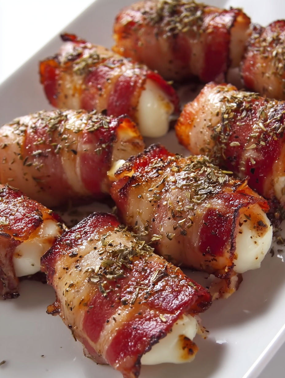 Bacon wrapped mozzarella sticks on a plate.