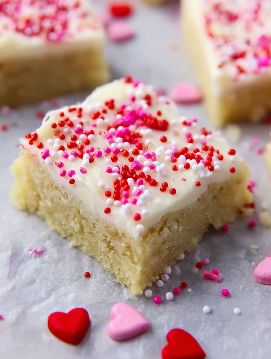 A piece of cake with white frosting and pink sprinkles.