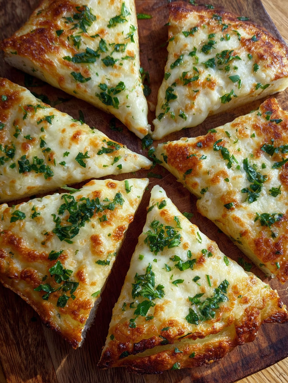 Slices of garlic cheese pizza on a wooden board.