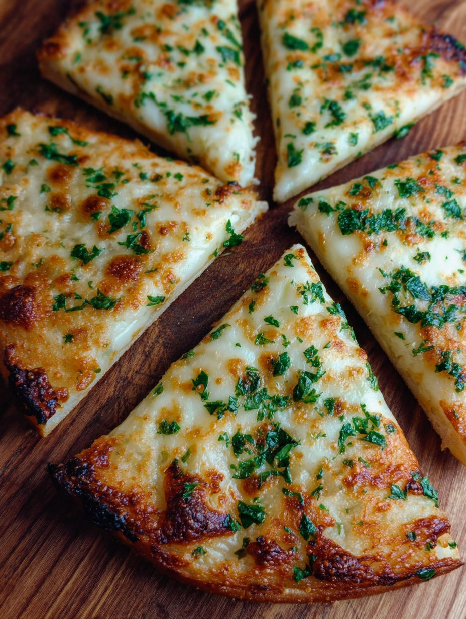 A pizza with cheese and garlic on a wooden table.