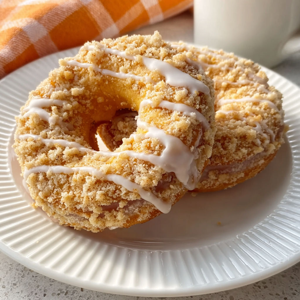 Two donuts with a glaze and crumbles on a plate.