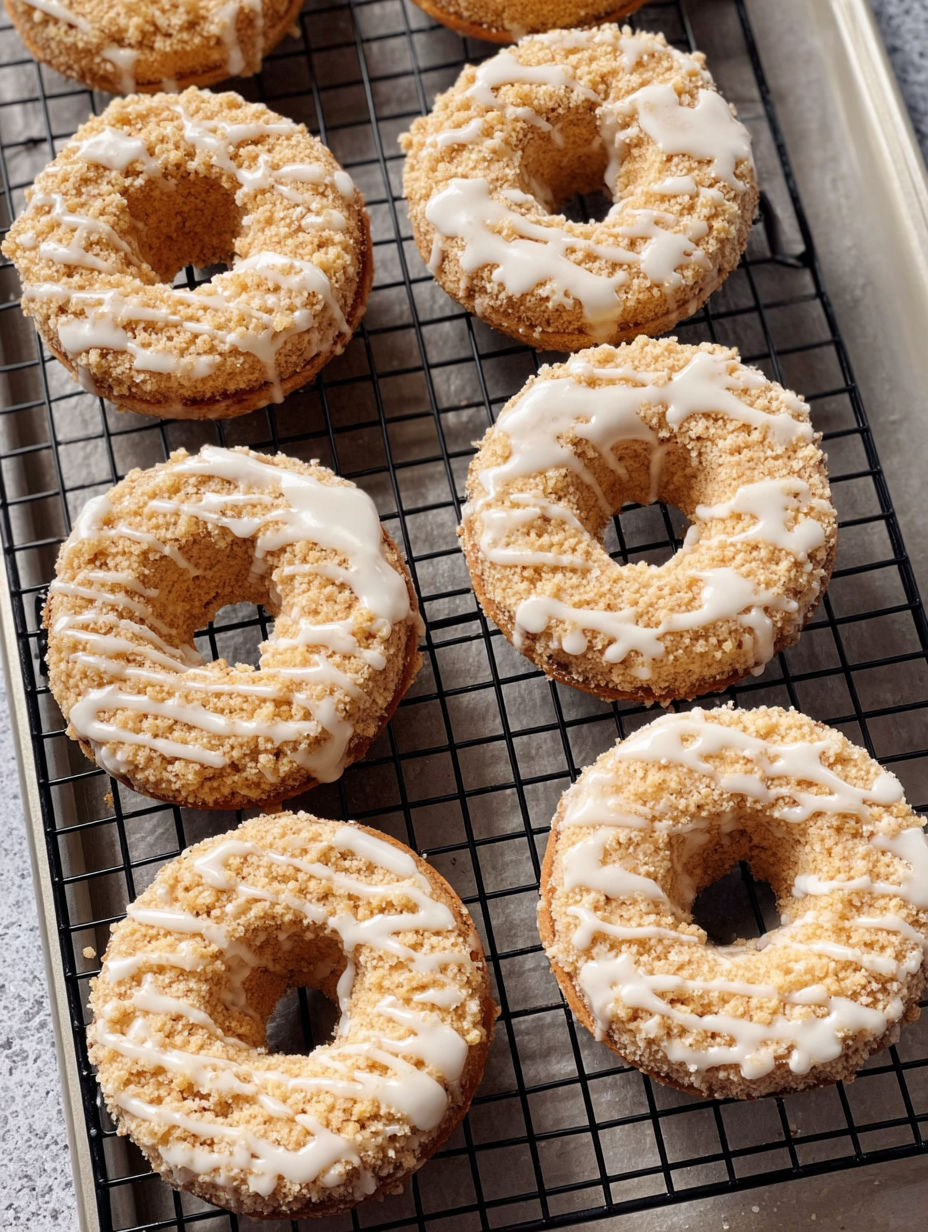 A tray of donuts with white icing and crumbles.