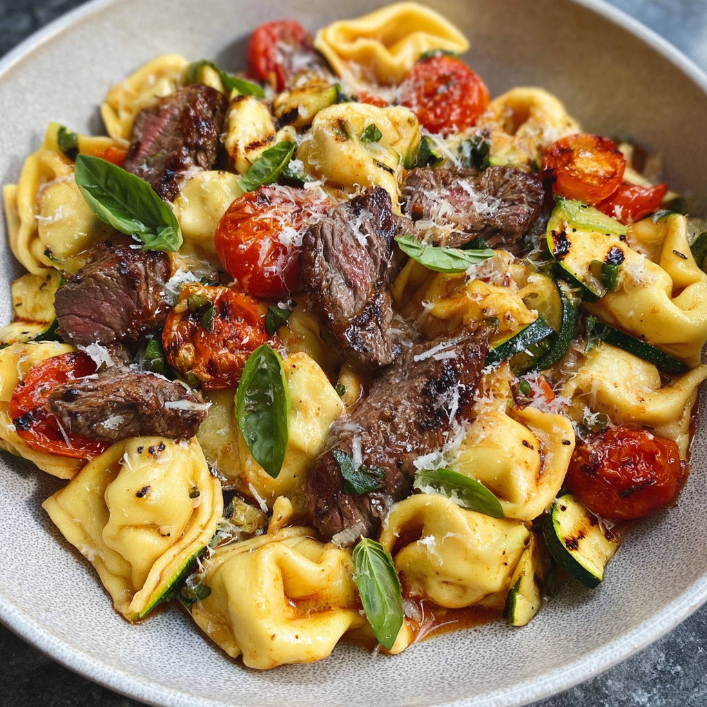 A plate of food with garlic Parmesan steak tortellini.