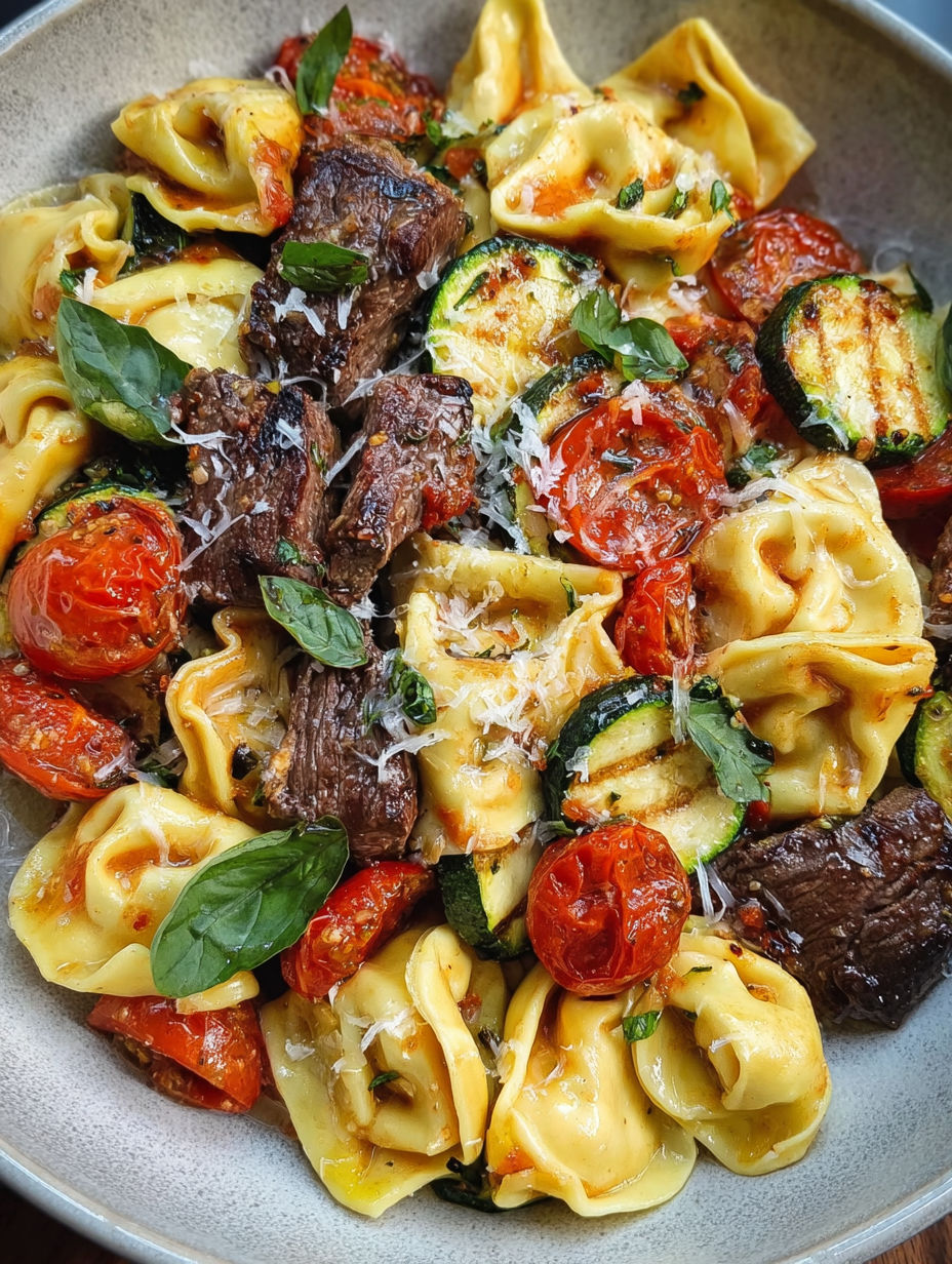 A plate of food with pasta, meat, and vegetables.