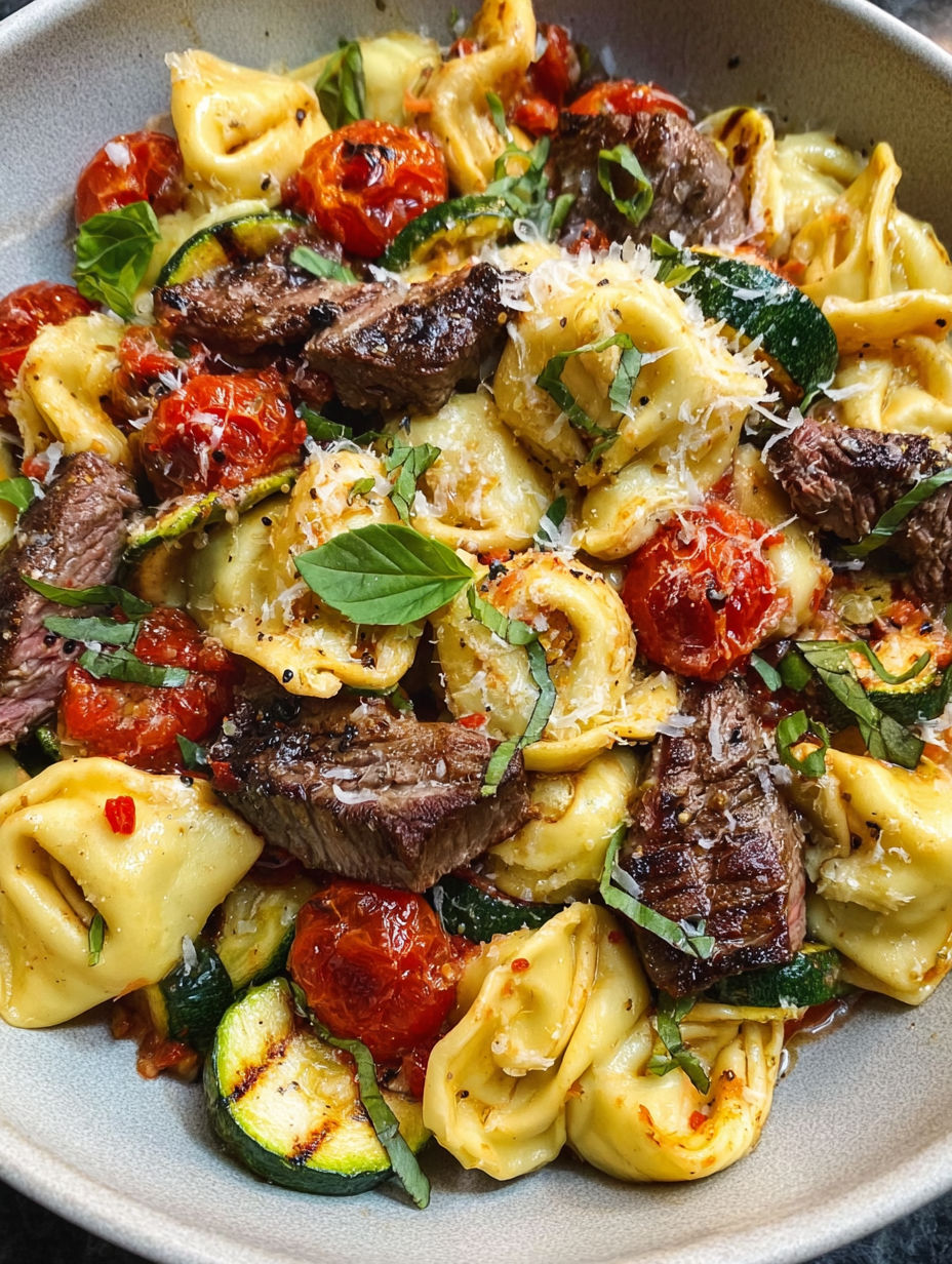 A plate of food with meat, tomatoes, and pasta.