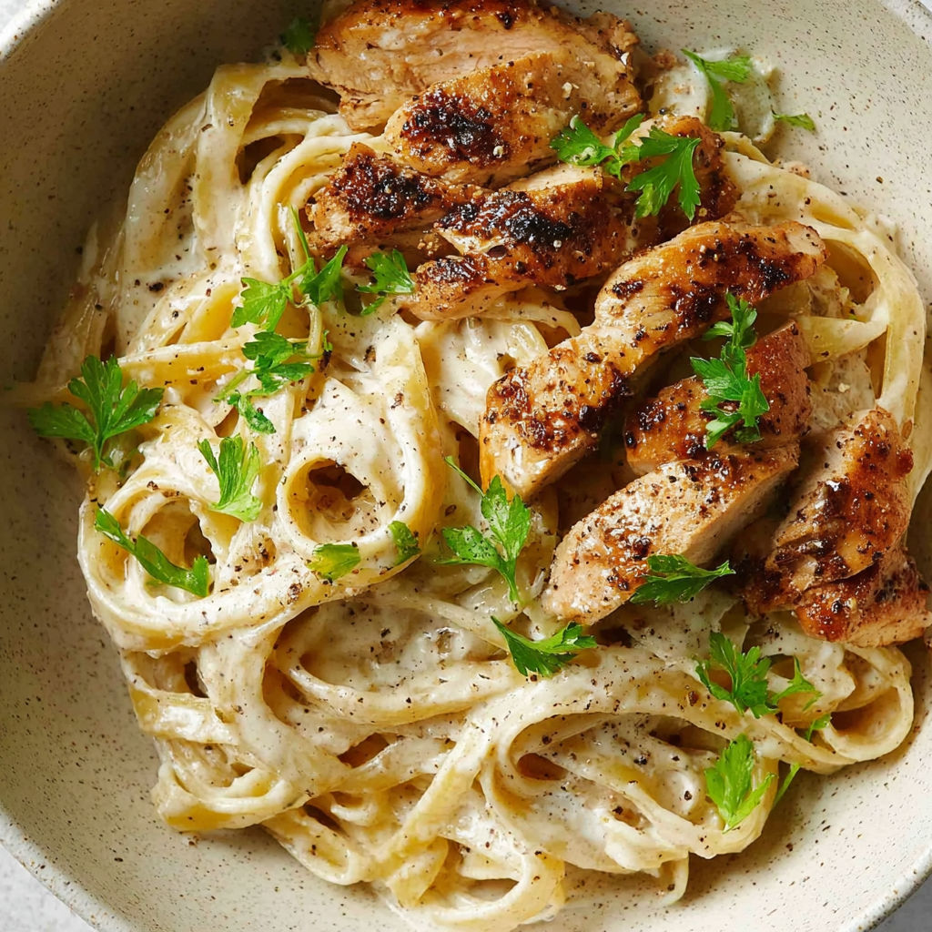 A bowl of chicken fettuccine alfredo.