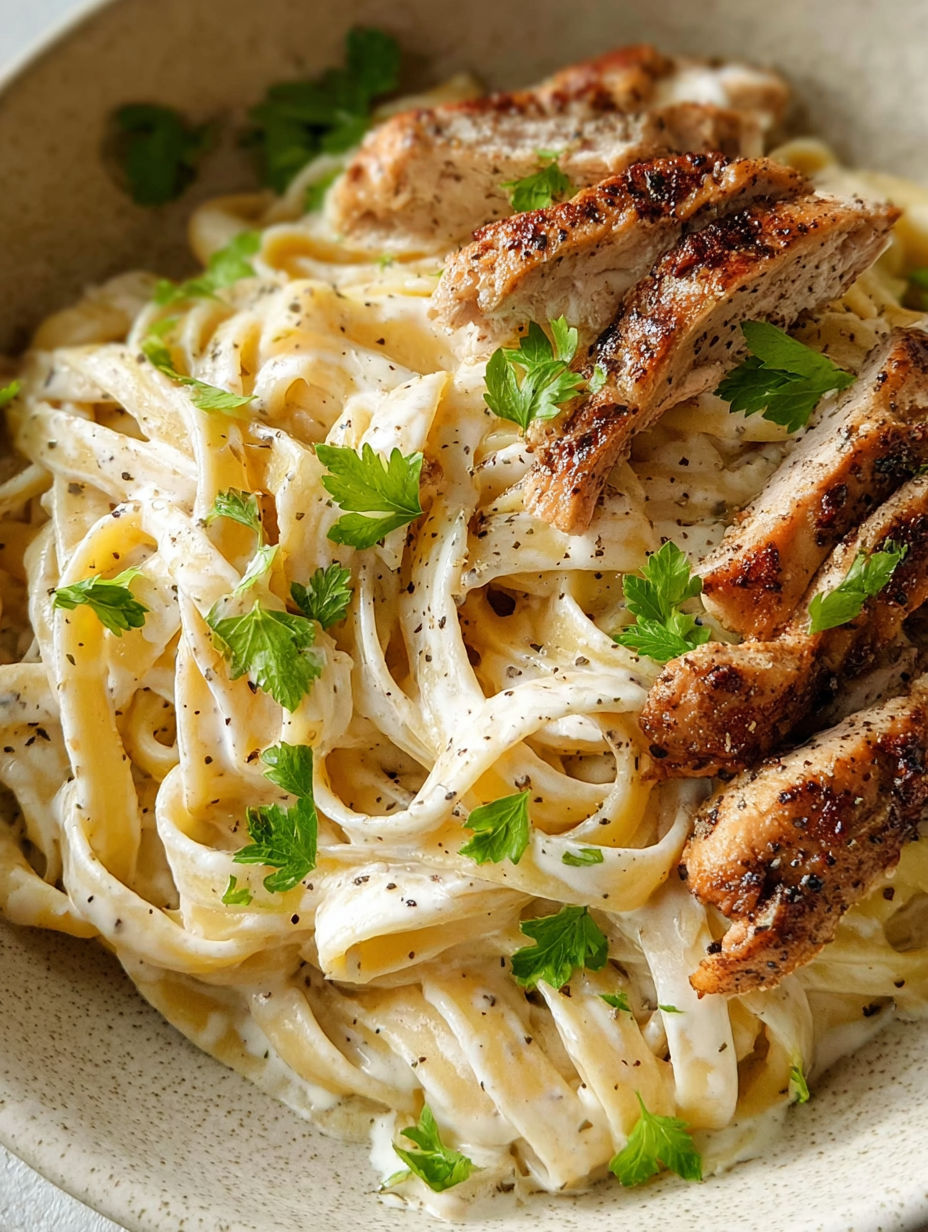 A bowl of chicken fettuccine alfredo.