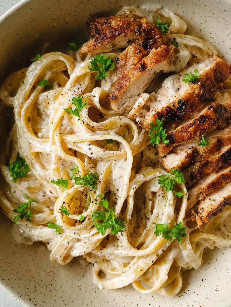 A bowl of chicken fettuccine alfredo.