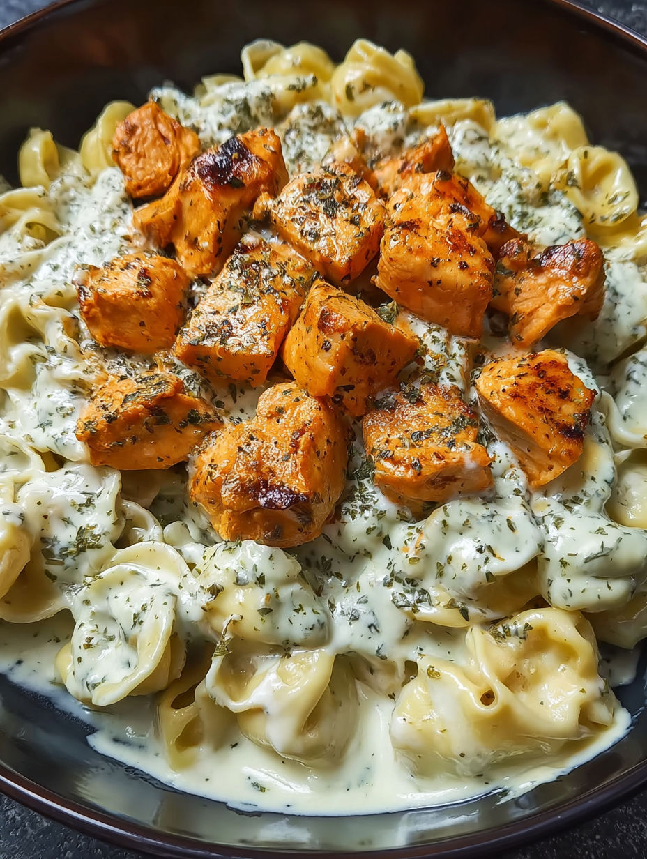 A plate of pasta with chicken and cheese.
