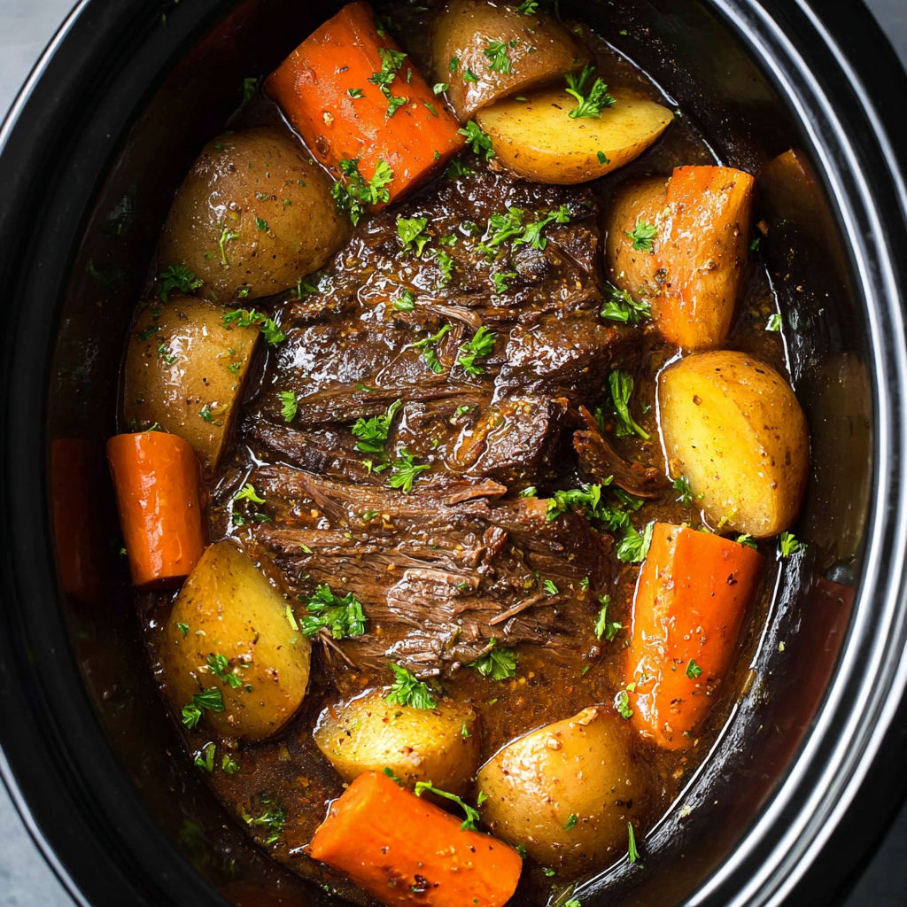 A crock pot filled with meat and vegetables.