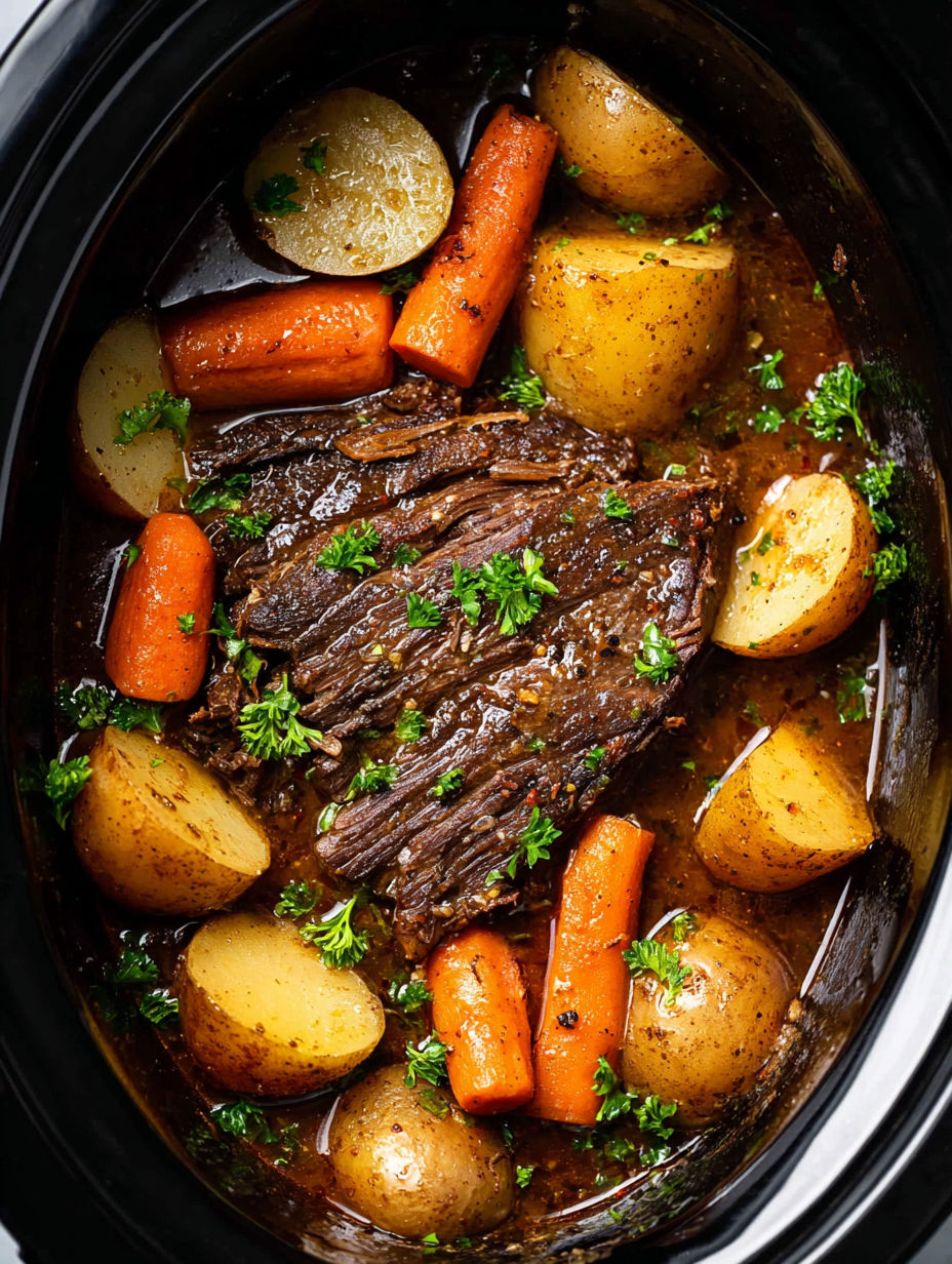 A crock pot filled with meat and vegetables.