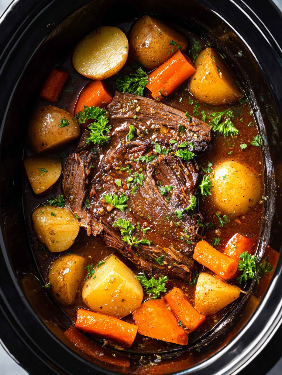 A crock pot roast with a bratwurst sauce.