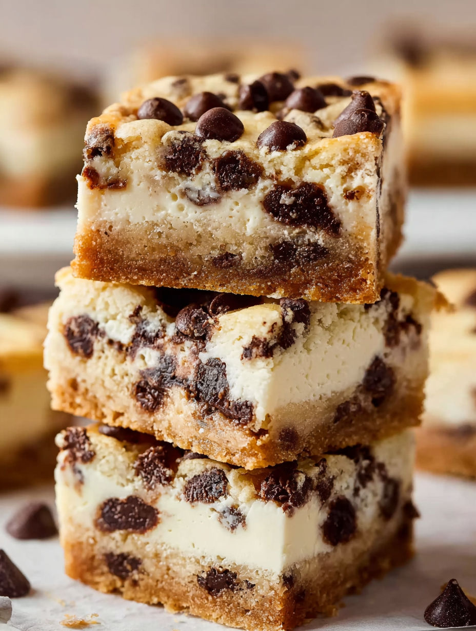 A stack of chocolate chip cheesecake bars.