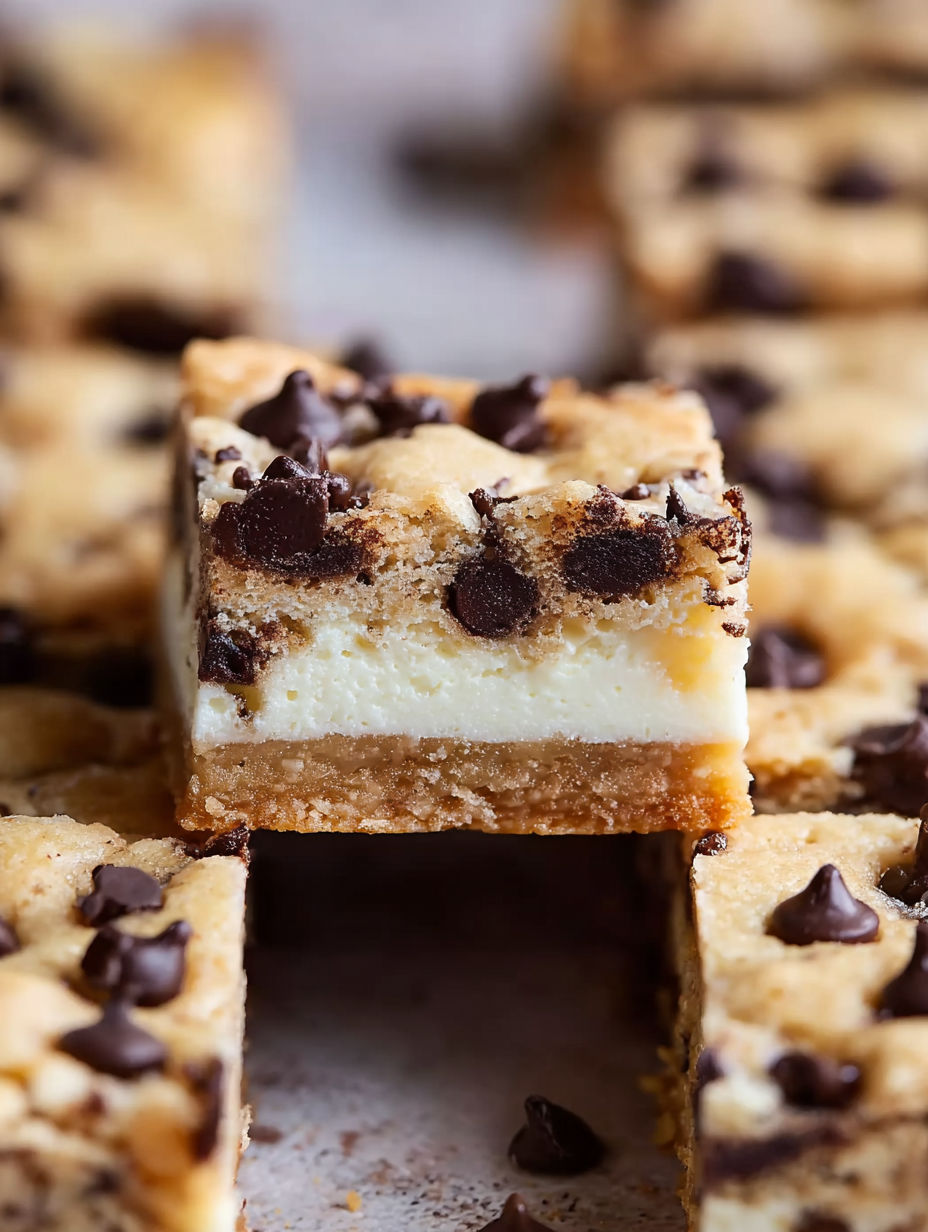A close up of a cookie dough cheesecake bar.