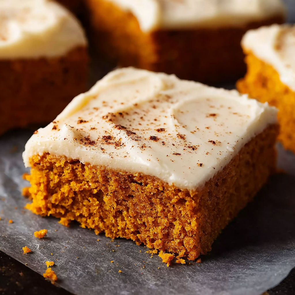 A slice of pumpkin bars with cream cheese frosting.