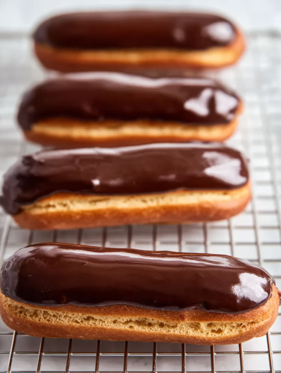 Chocolate eclairs with vanilla or chocolate cream.
