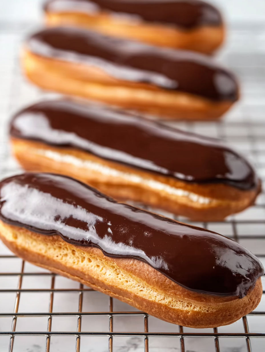 Chocolate-covered eclairs with vanilla or chocolate cream.