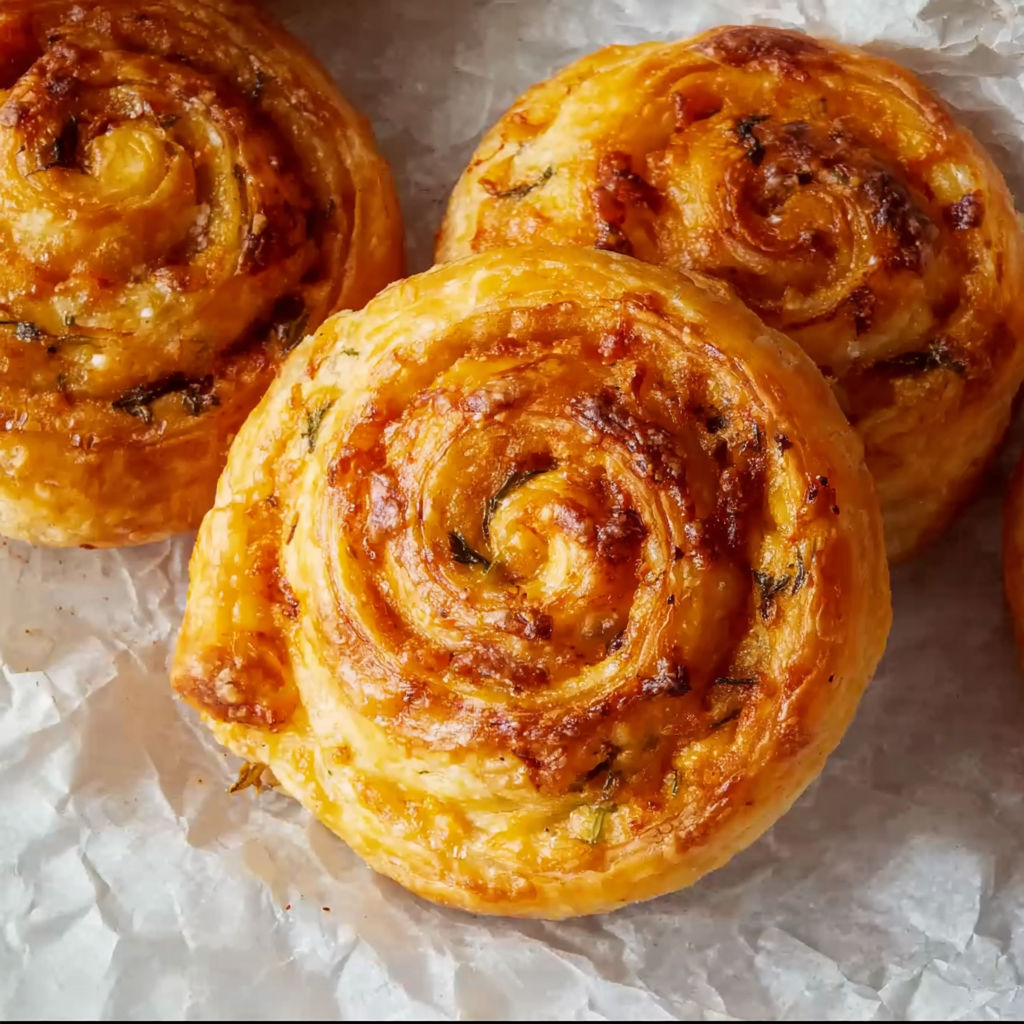 Three rolls of pastry with a spiral pattern.