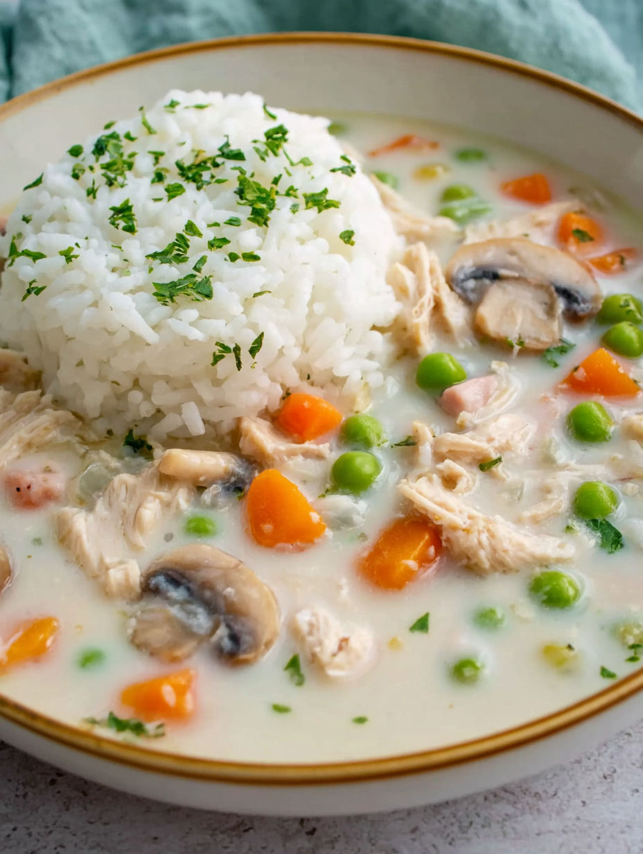 A bowl of soup with rice and mushrooms.