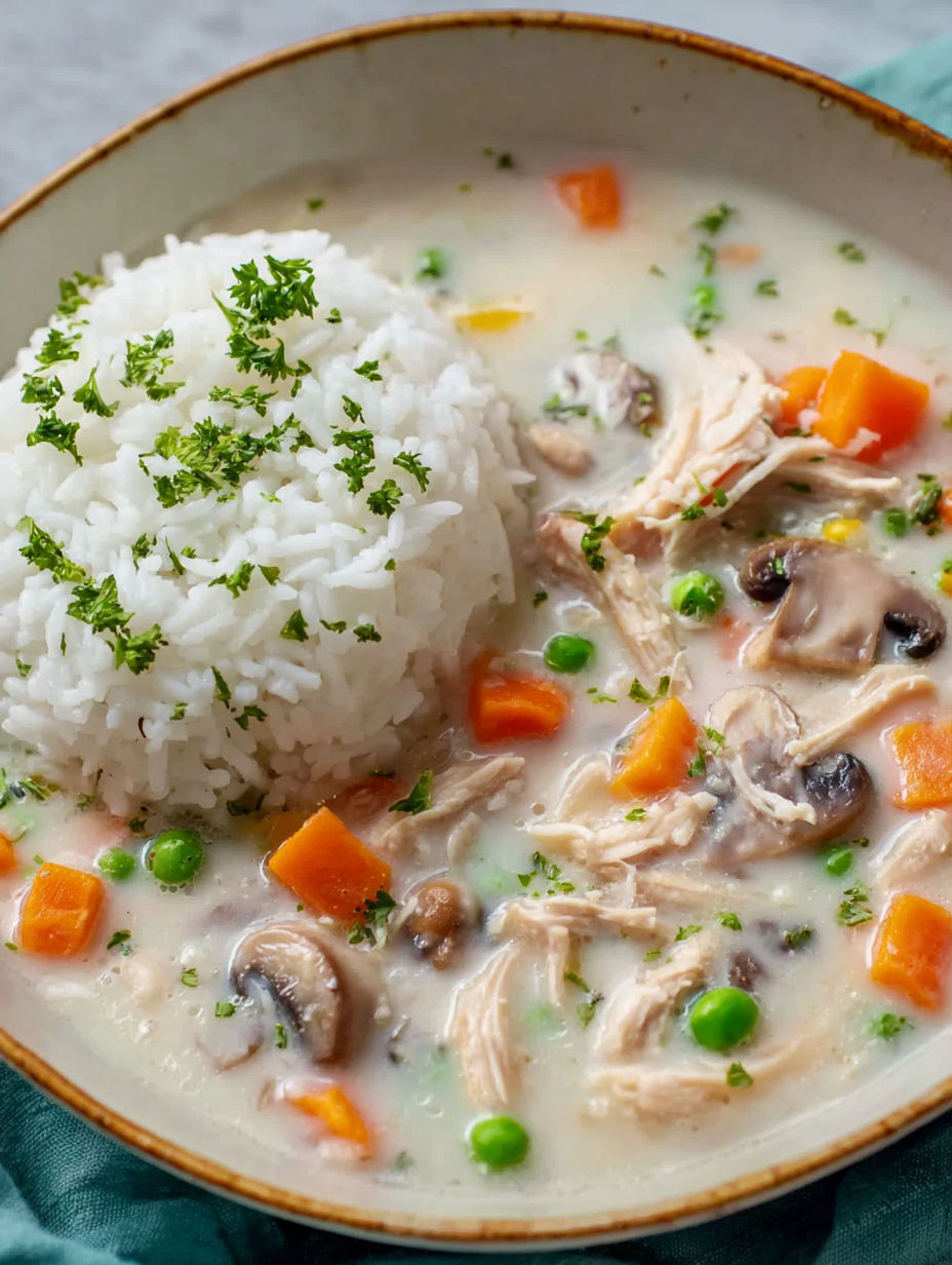 A bowl of soup with rice and chicken.