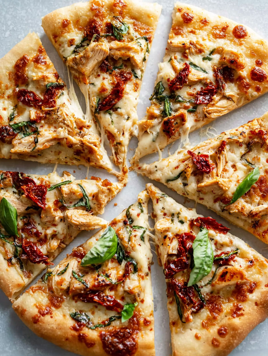 A pizza with chicken and spinach on it.