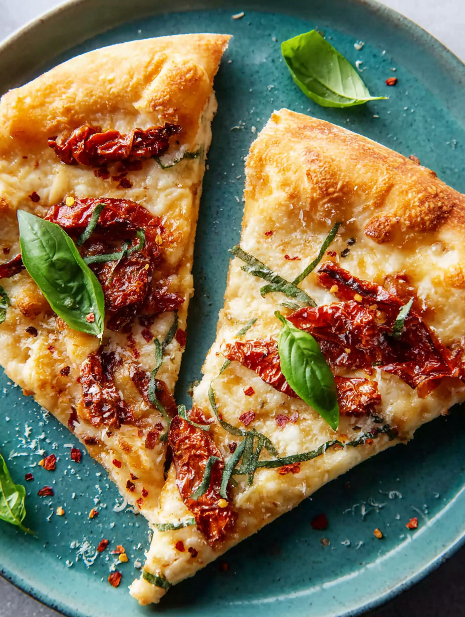 A slice of pizza with red peppers and basil.