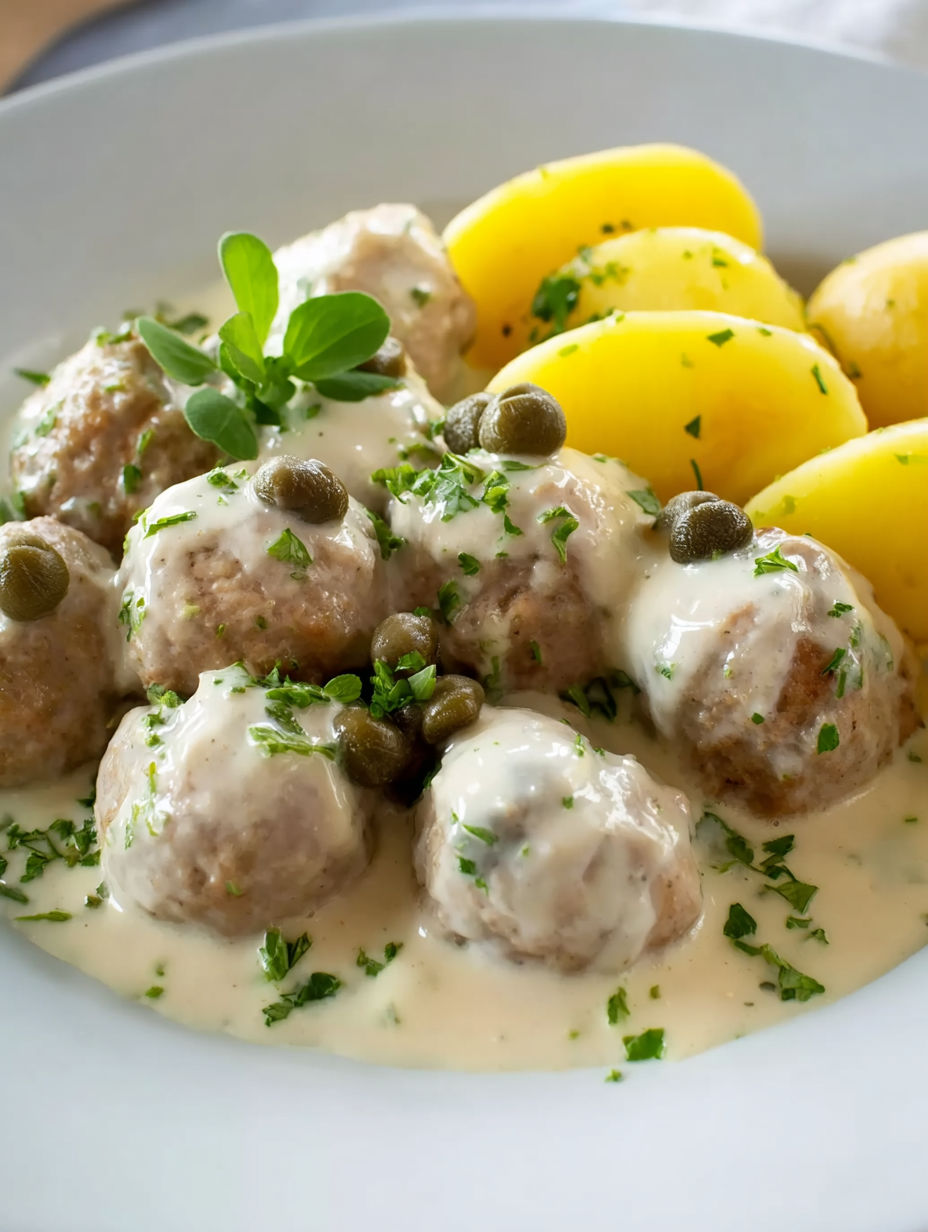 A plate of meatballs with a green herb on top.