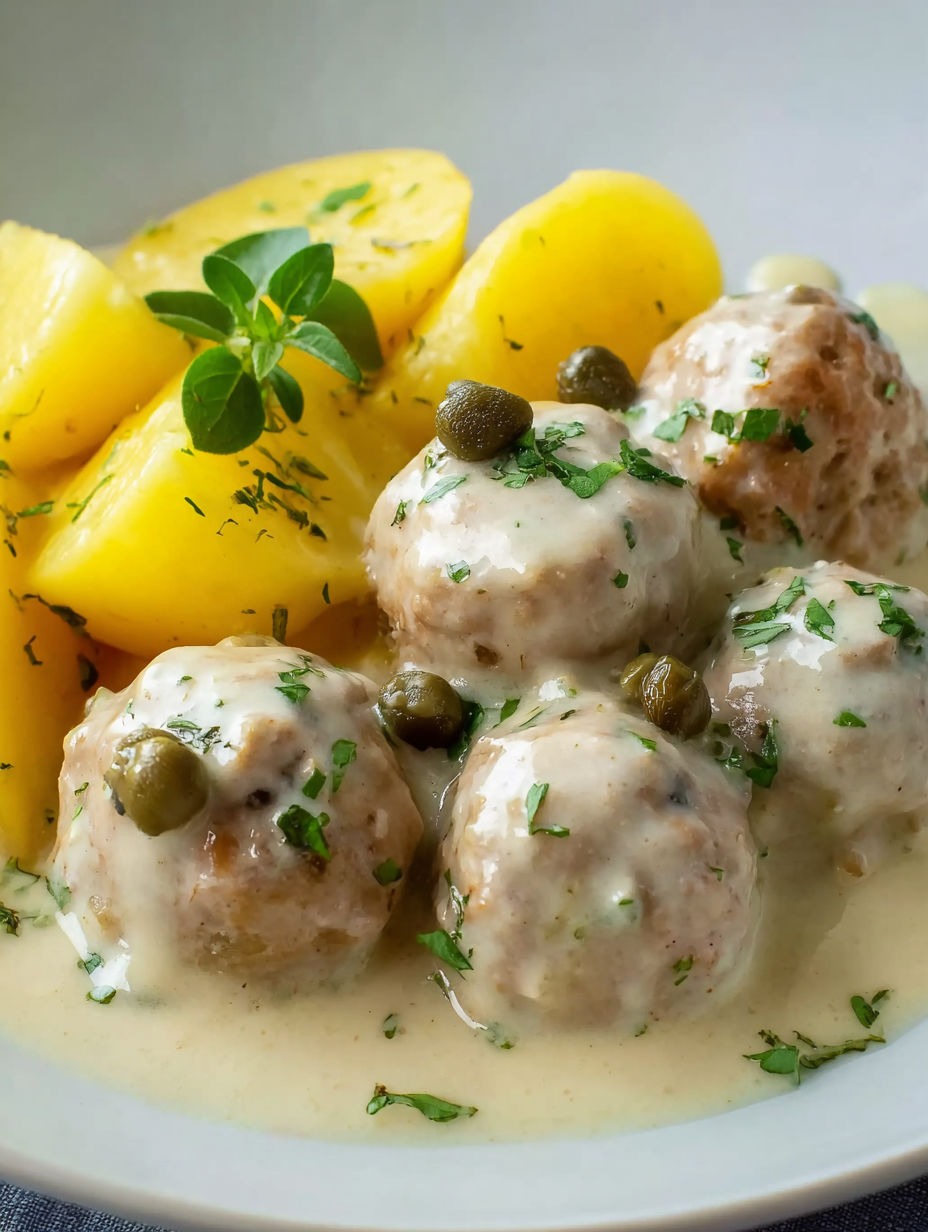 A plate of food with a green garnish and a side of potatoes.
