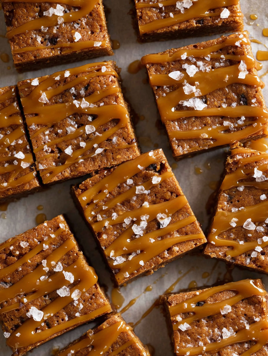 Sticky toffee blondies with caramel sauce drizzled on top.