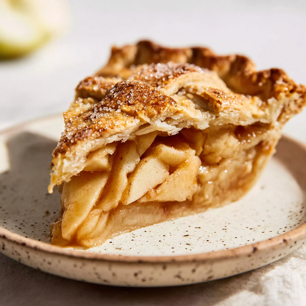 A slice of apple pie on a plate.
