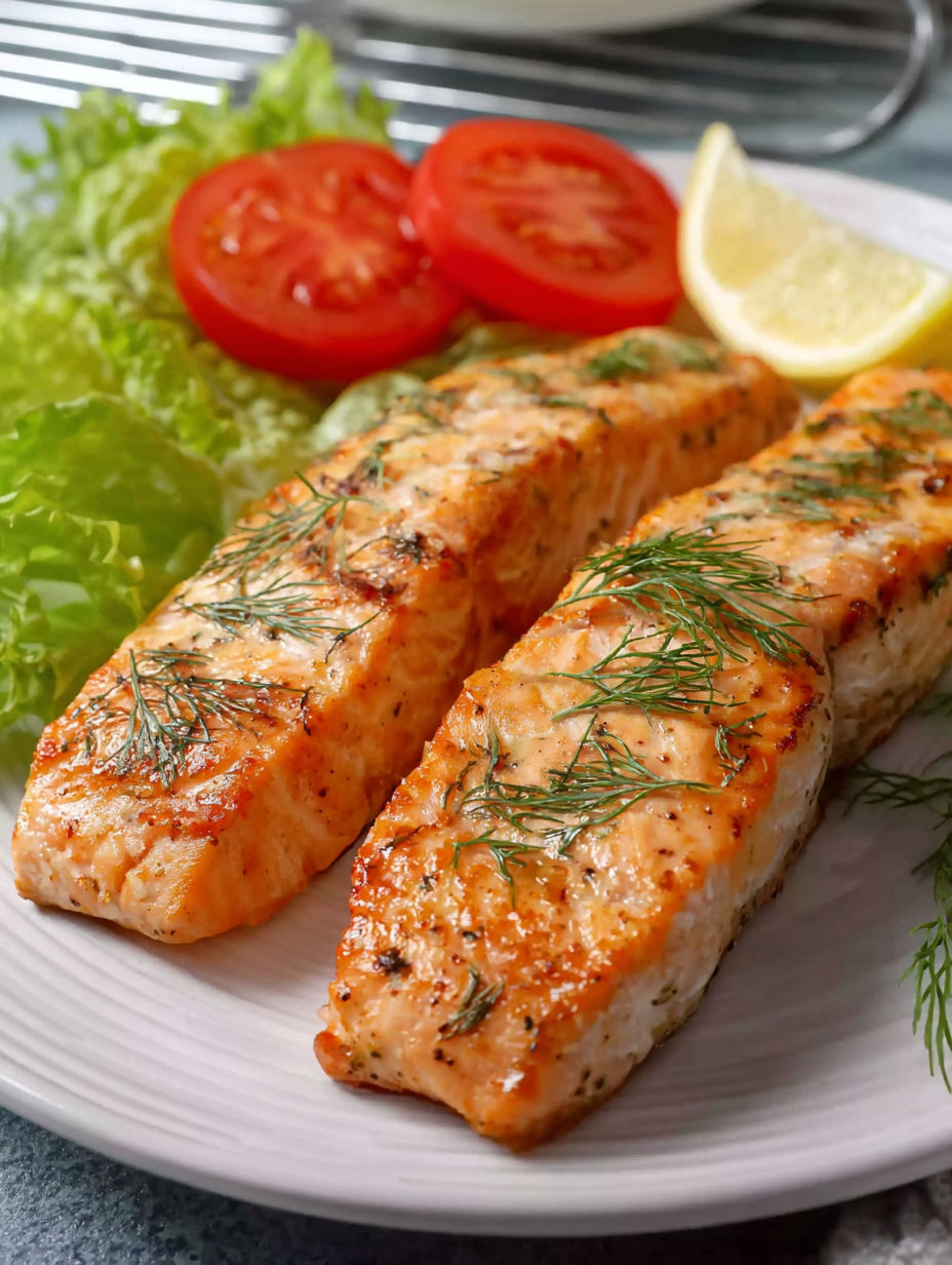 Two pieces of salmon on a plate.