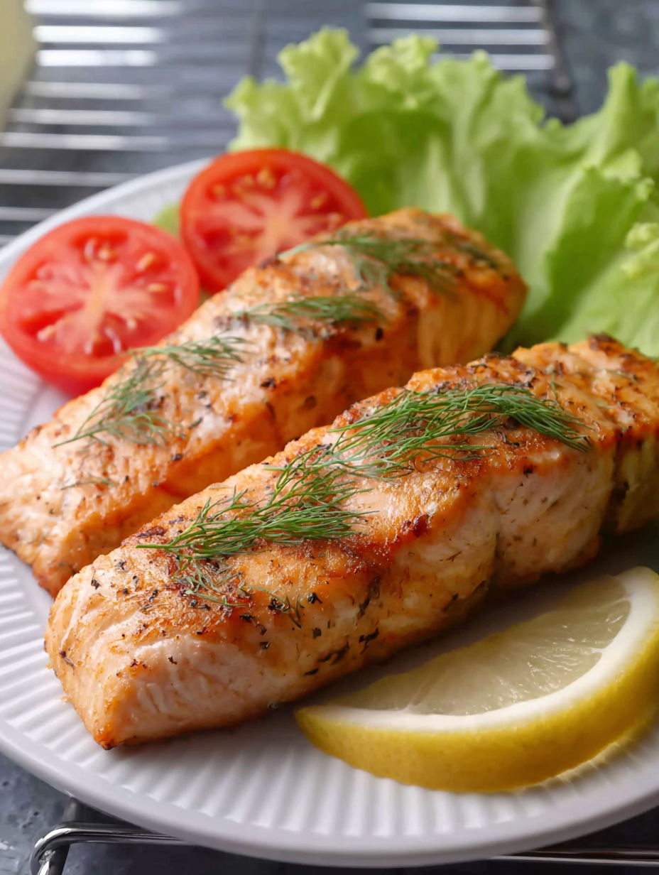 A plate of fish with lemon and tomato.