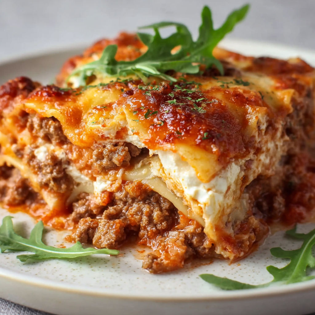 A plate of lasagna with cheese and meat.