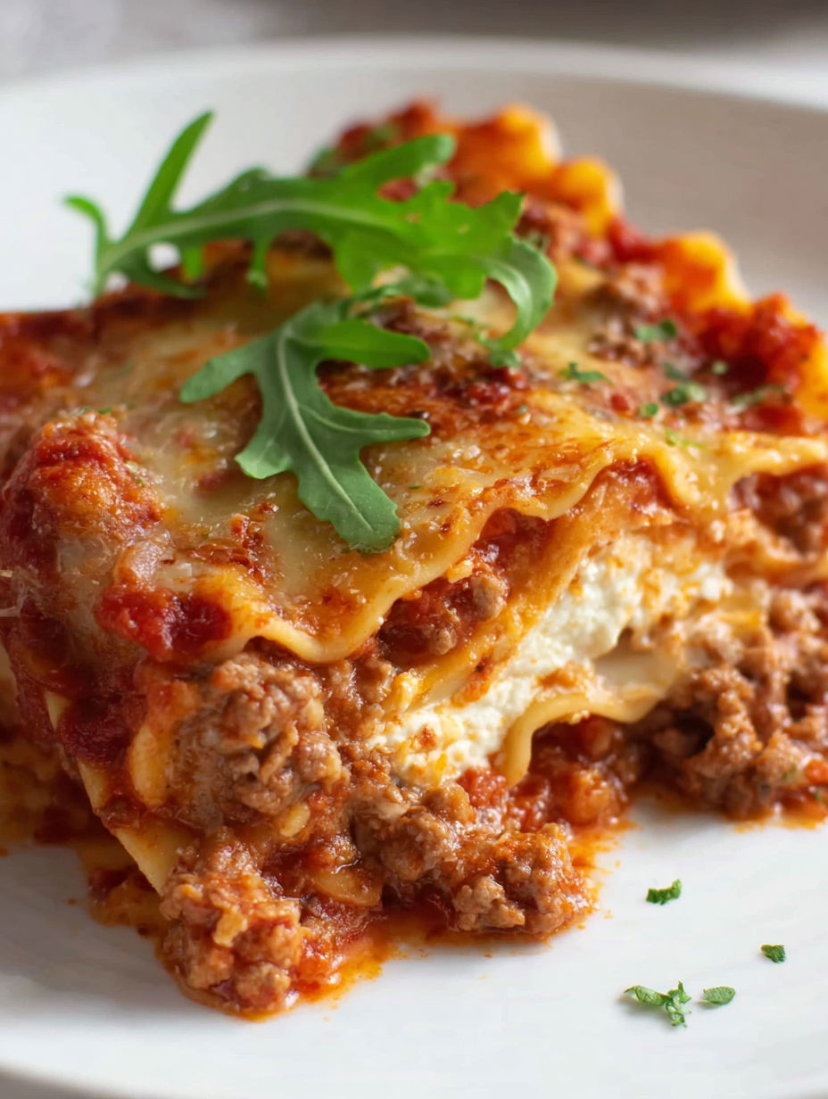 A close up of a lasagna with a green leaf on top.