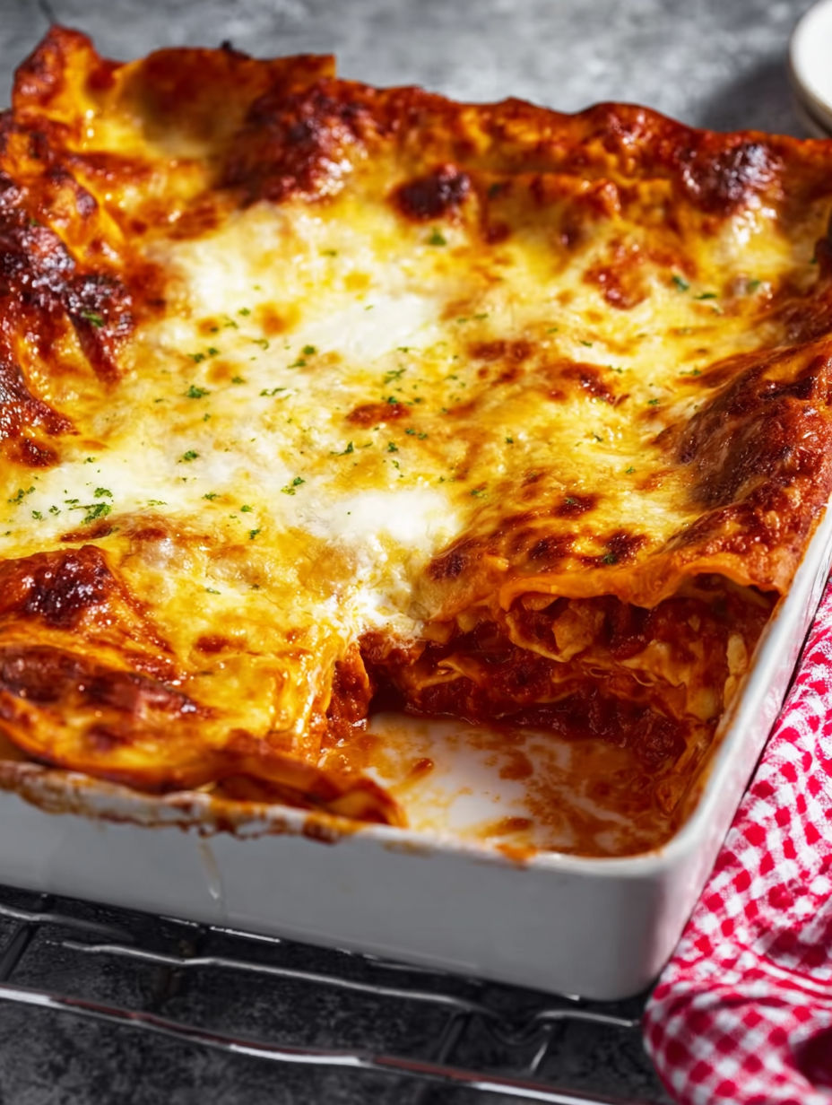 A lasagna dish with cheese and sauce.
