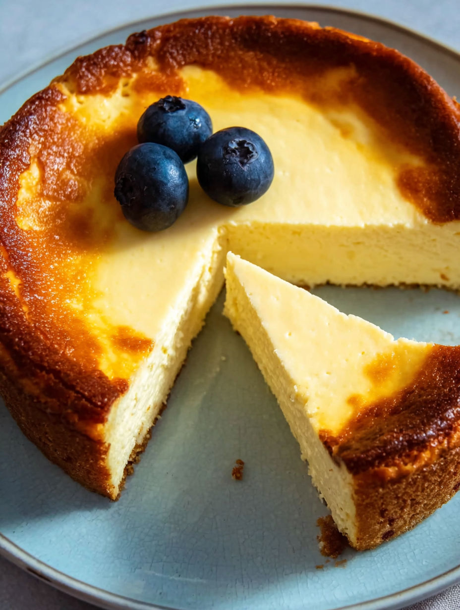 A slice of low carb cheesecake with blueberries on top.