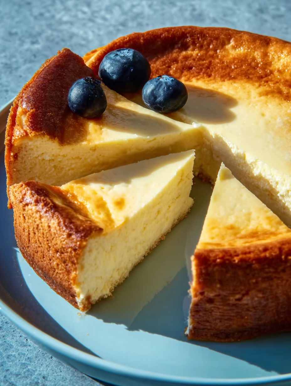 A slice of low carb cheesecake with blueberries on top.