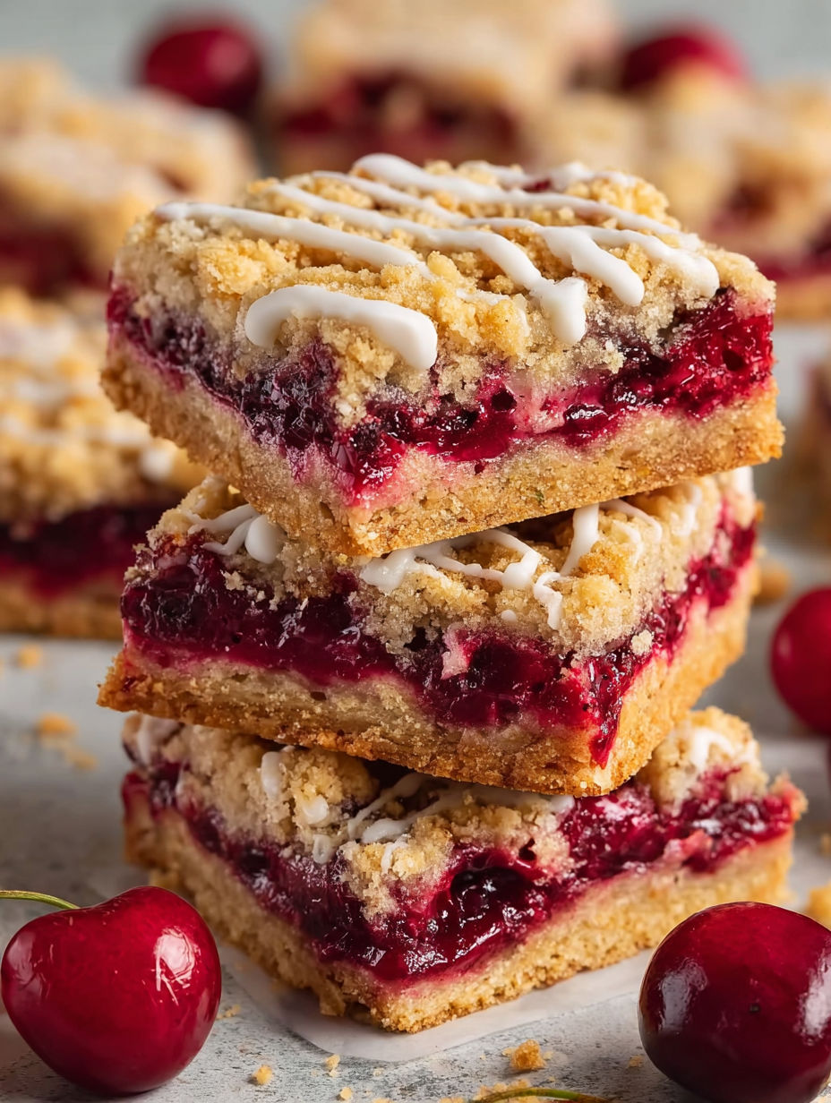 Cherry Pie Bars stacked on a table.