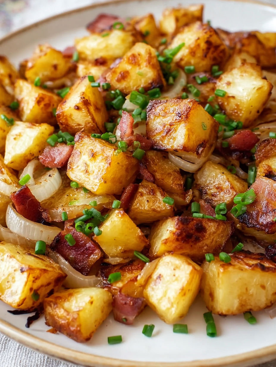 A plate of food with potatoes and onions.