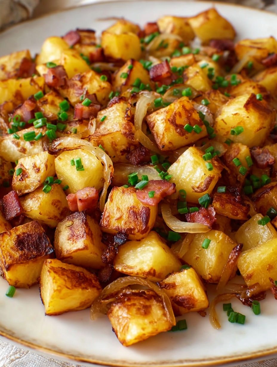 A plate of food with onions and bacon.