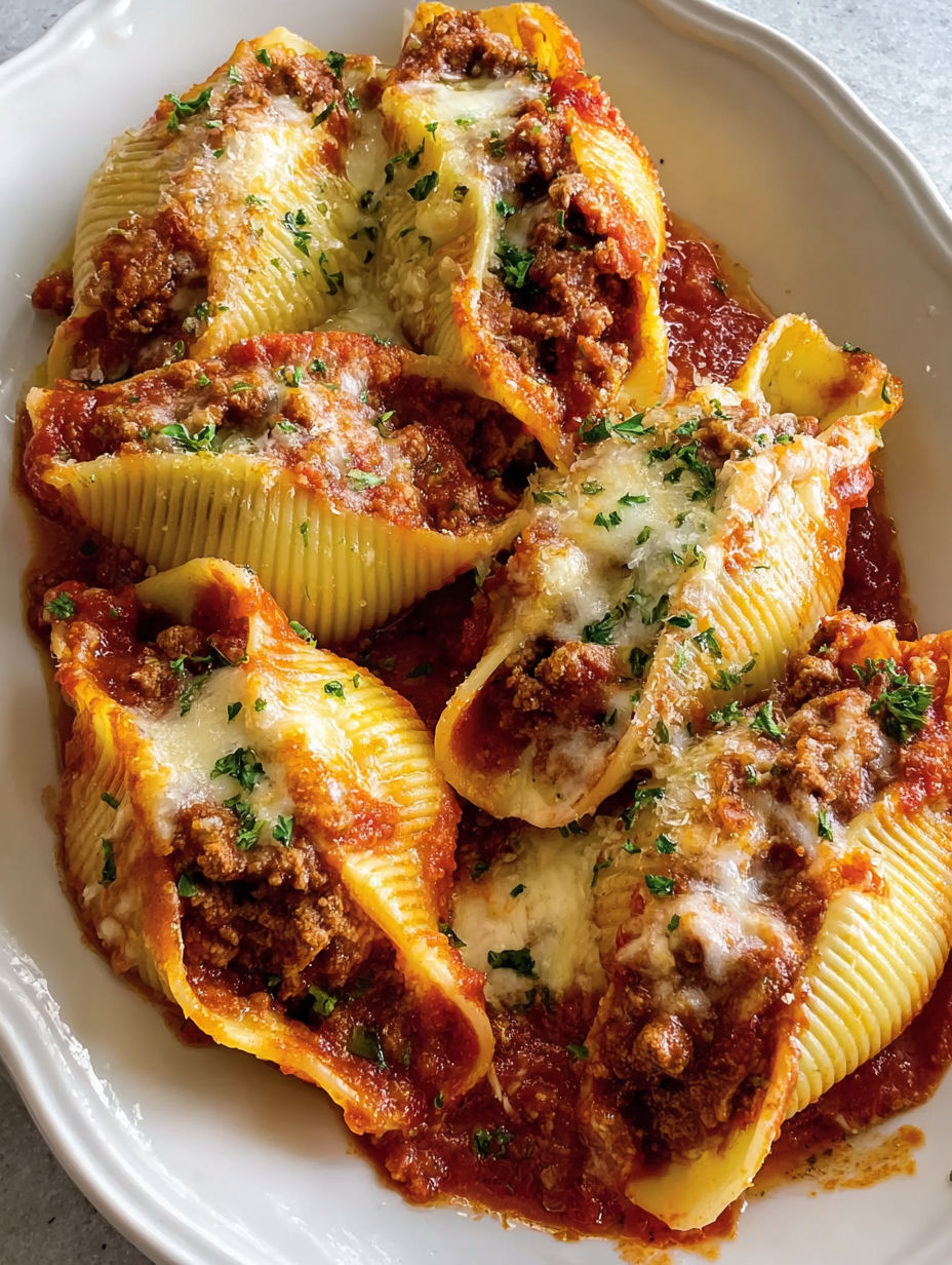 A plate of pasta shells filled with meat and cheese.