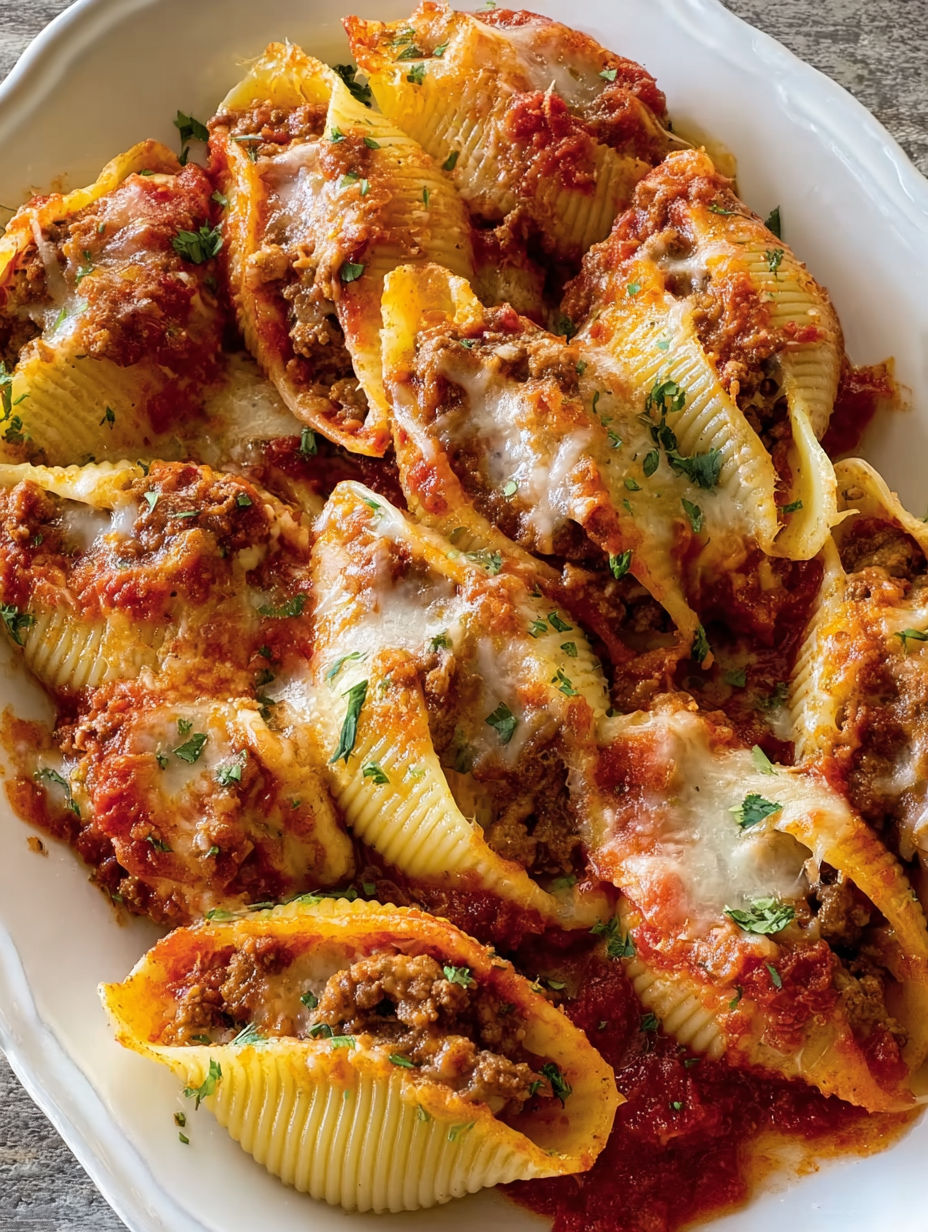 A plate of pasta shells filled with meat and cheese.