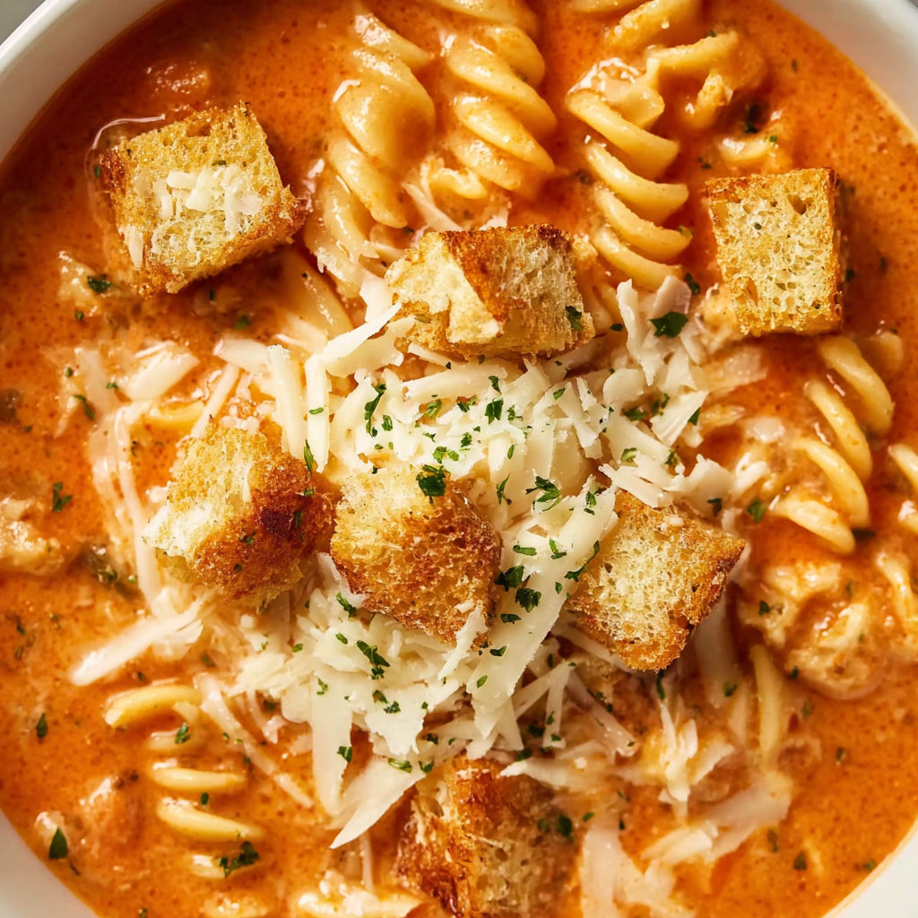 A bowl of chicken parmesan soup with bread.