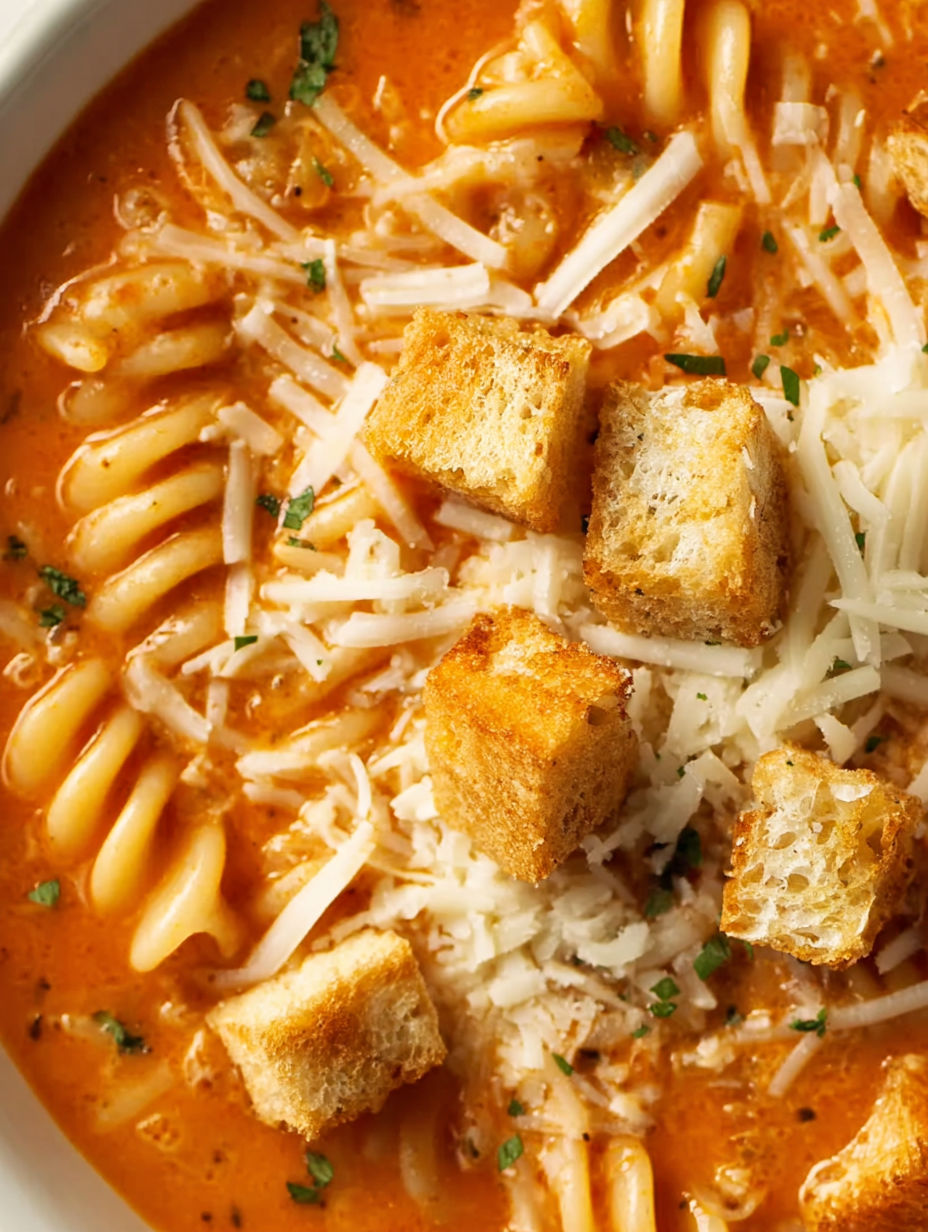A bowl of chicken parmesan soup with bread cubes.