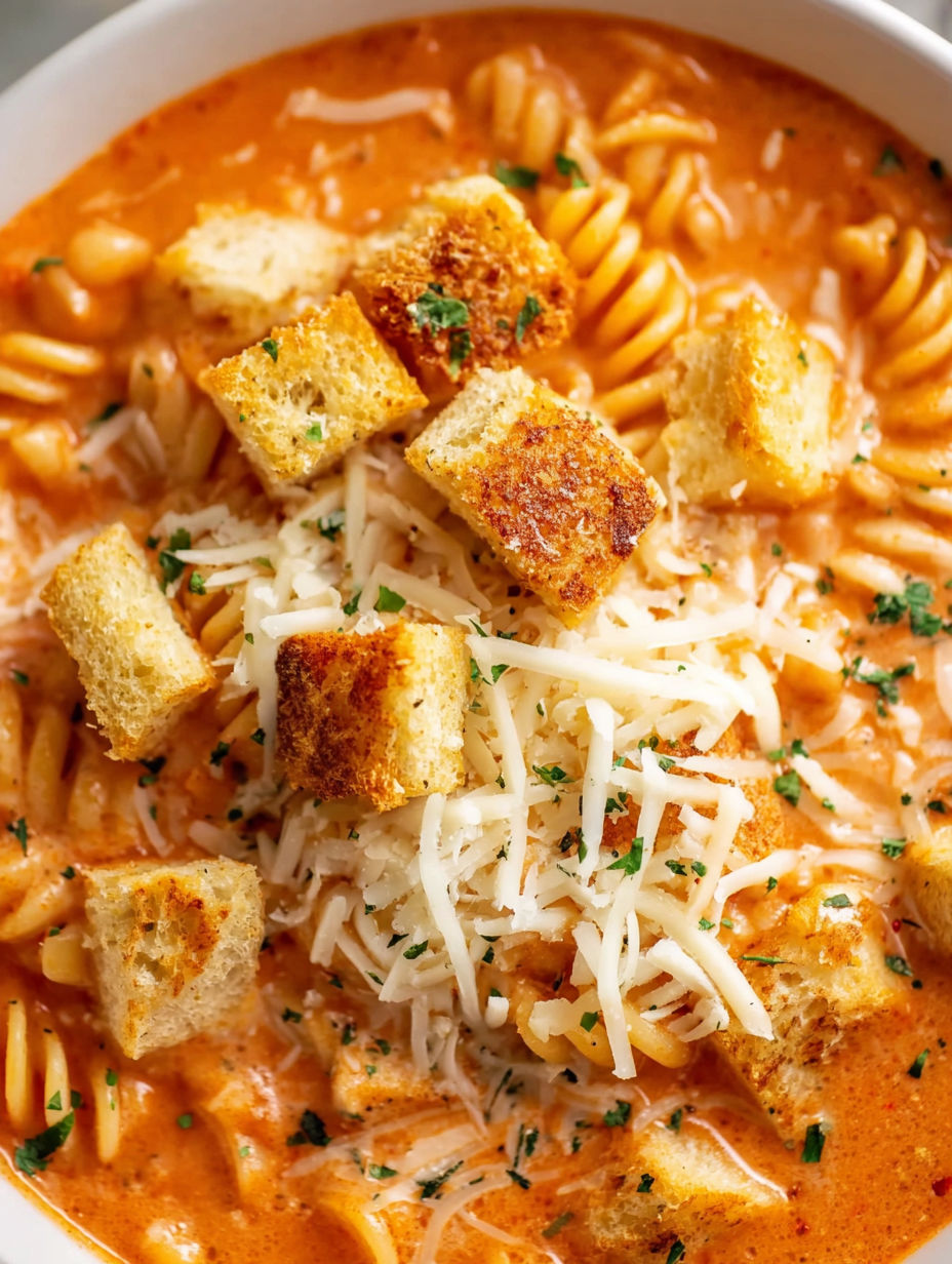 A bowl of chicken parmesan soup with bread cubes on top.