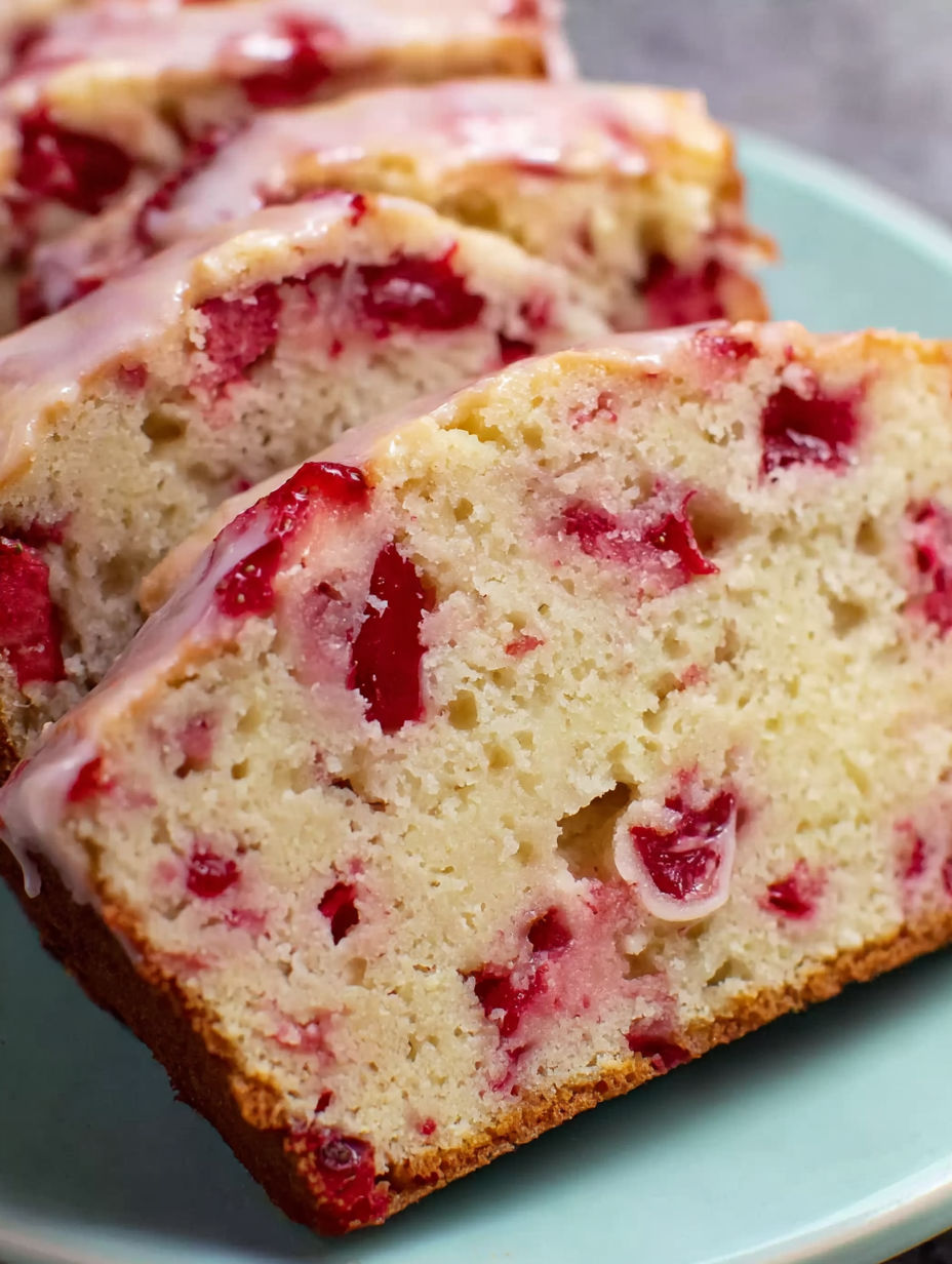 A slice of glazed strawberry bread.