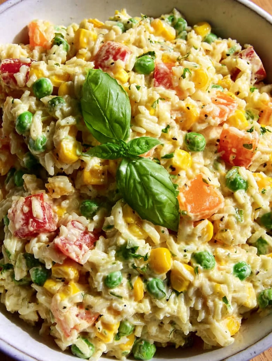 A bowl of rice with vegetables and herbs.
