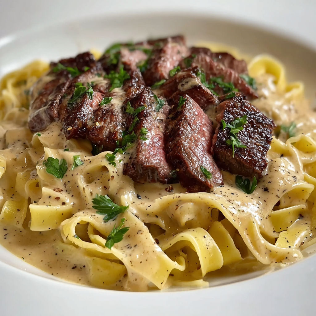 A plate of food with a creamy steak alfredo pasta.