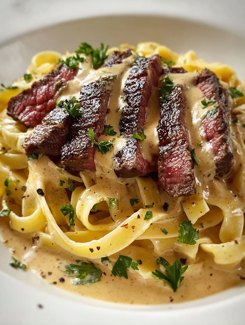 A plate of cream steak alfredo pasta.